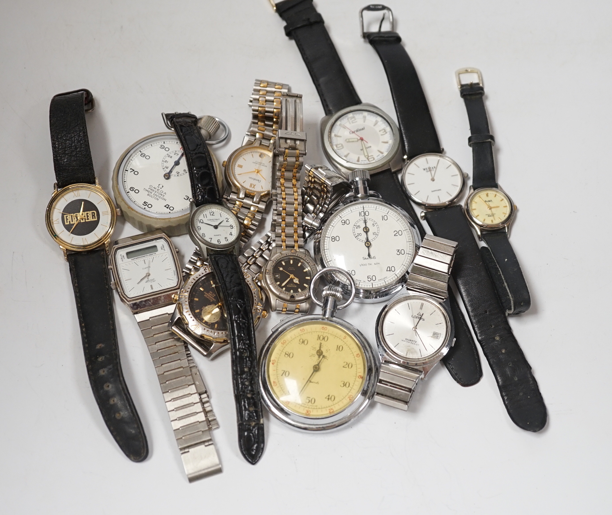 A quantity of assorted gentleman's and lady's mainly modern wrist watches including Astron Solar, Rotary, Accurist, Lorus, Seiko etc. and for stop watches including Omega Prestons Timer Division Boton.